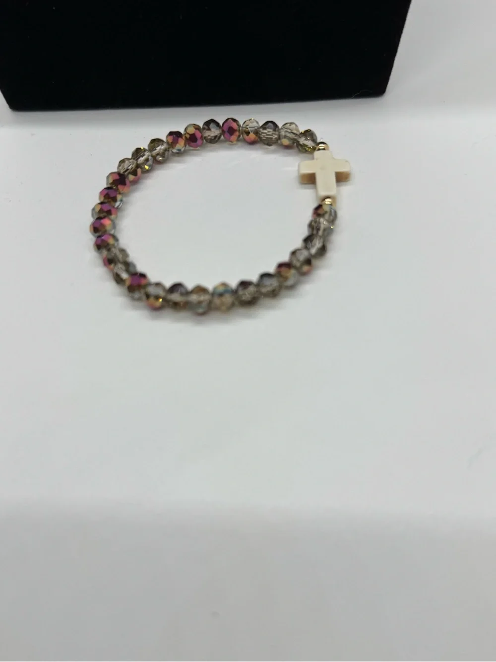 Iridescent Beaded Cross Stretch Bracelet - White Cross